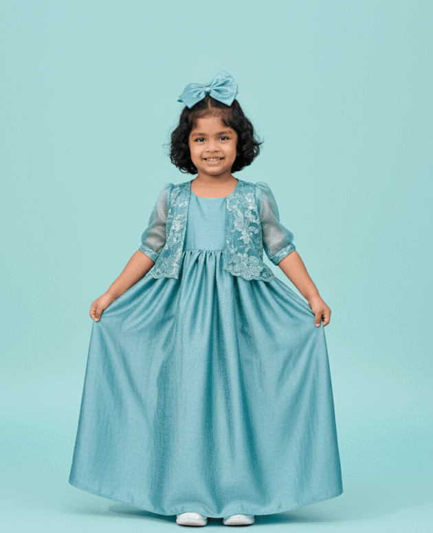 Blue Kids Gown with Net Shrug